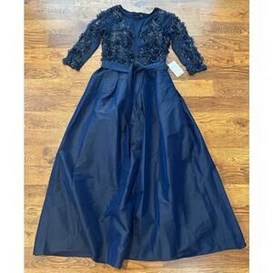 Pisarro Nights 3D Floral Beaded Taffeta Gown Blue Size 6 NWT Needs Zipper Repair